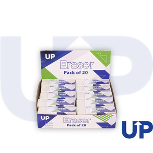 CW Office UP Rubber Eraser pack of 20, with white and blue packaging in a display box