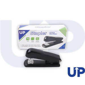CW Office UP Half Strip Metal Stapler - Black, compact black metal stapler with a sturdy design shown with its packaging in the background.