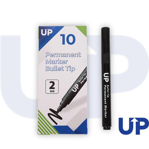 CW Office UP Permanent Marker Bullet Tip Black, black permanent marker with 2mm bullet tip, shown alongside its packaging box.