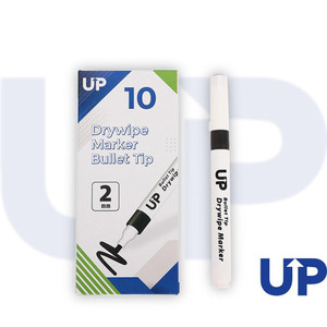 CW Office UP Drywipe Bullet Tip Marker Black, set of ten white markers with black tips for whiteboards.
