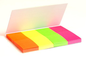 CW Office UP 20mm Neon 4 Colour Indexes, a set of colorful post-it notes in orange, yellow, green, and pink colors in a clear plastic holder.
