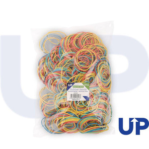 CW Office UP Rubber Bands Assorted Sizes - 454g, colorful elastic bands in various sizes for office and craft use in a clear plastic bag with label.