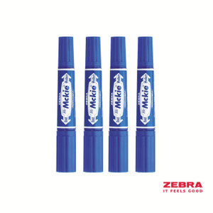 CW Office Zebra HI Mckie Bold Double Ended Blue Ink Permanent Marker Box 10, image of four blue permanent markers with labels indicating medium bold tip, standing upright against a white background with Zebar logo and slogan 'IT Feels Good' at the bottom right corner.