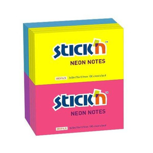 CW Office UP Repositionable Notes 76x127mm Neon Assorted, pack of 12 neon sticky notes in various colors for office and school use.