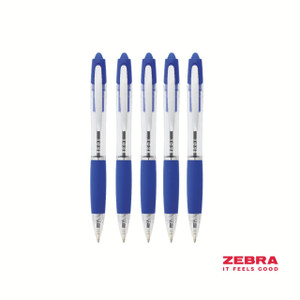 CW Office Zebra Z-Grip Max Retractable Ballpoint Pen Blue Ink Box 12, pack of five blue and transparent pens with white tips and blue accents.