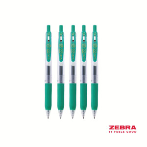 CW Office Zebra Eco SARASA Gel Retractable Rollerball CLIP 0.7mm Pen with Green Ink, box of 12 pens, front view showing teal-colored body and clip, black ink refill visible inside