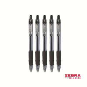 CW Office Zebra Z-Grip Retractable Ballpoint Pen Black Ink Box 12, five black pens lined up vertically with black rubber grips and retractable tips.