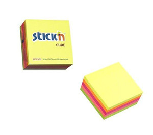 CW Office UP Repositionable Notes Cube 76x76mm Neon Assorted Colours, multicolored stack of sticky notes and product packaging showing the brand name.