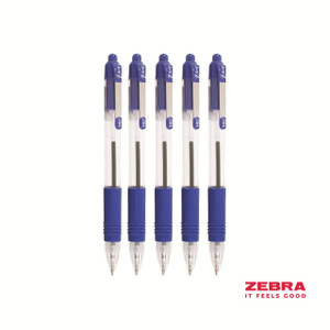 CW Office Zebra Z-Grip Retractable Ballpoint Pen Blue ink Box 12, five pens with blue grip and clear body showing ink levels.
