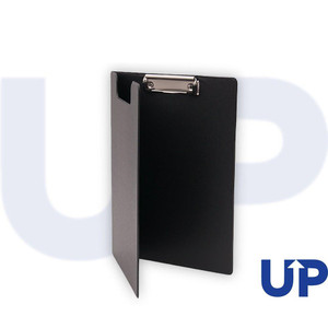 CW Office UP A4 PVC Fold Over Clipboard Black, a black PVC clipboard with fold-over design and metal clip for A4 size documents.
