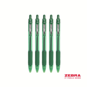 CW Office Zebra Z-Grip Smooth Retractable Ballpoint Pen Green Ink Box 12, set of five green ballpoint pens with a transparent grip and a matching green body.
