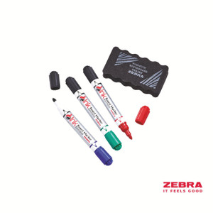 CW Office Zebra Whiteboard Marker Bullet Double Ended 3 Pack with 1 Eraser, set of three colorful markers with black, red, and blue tips, included black eraser with a textured surface.