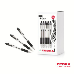 CW Office Zebra Z-Grip Retractable Ballpoint Pen Black Ink 50 Pack, image of five black and silver pens with retractable tips and a white box containing 50 pens featuring Zebra branding and zebra illustration.