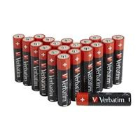 Various Verbatim AA Battery Alkaline 20 Pack, image featuring a row of black and red AA batteries with Verbatim branding.
