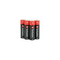 Various Verbatim (49921) AA Battery Alkaline 4 Pack, four AA alkaline batteries standing upright with black and red design