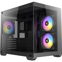 Various Antec CX600M ARGB Mini-Tower PC Gaming Case, front view of the case with full-view tempered glass showcasing three 120mm ARGB LED fans and dust filters, including USB 3.0 ports for high-speed connectivity