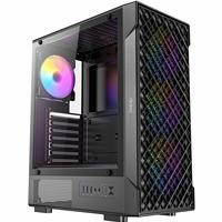 Various Antec VX320 ARGB Mid-Tower Gaming PC Case, showcasing a black case with a tempered glass side panel and pre-installed 4 x 120mm ARGB fans with colorful LED lighting.