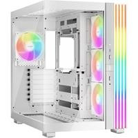 Various be-quiet! Light Base 600 LX, White, Midi-Tower ATX Case with Massive ARGB LED Strip, full windowed design showing spacious interior and colorful lighting.