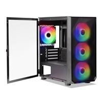 Various Tecware Forge M Omni Micro-ATX Case, shown with tempered glass side panel open and three pre-installed 120mm RGB fans on the high-airflow mesh front panel, supporting mATX and ITX motherboards.