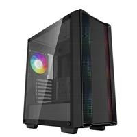 Various DeepCool CC560 ARGB V2 Case, gaming black mid tower with tempered glass side window panel and front RGB lighting, featuring 1 USB 3.0 port and 1 USB 2.0 port.