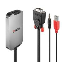 Various Lindy 38296 0.18m VGA & Audio (M) to DisplayPort (F) Adapter Cable, black, USB powered with 1920x1080@60Hz resolution, compact and versatile for connecting VGA devices to DisplayPort monitors.