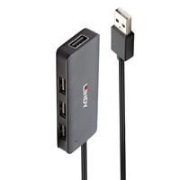 Various LINDY 42986 4 Port USB Hub, compact black device with 4 USB 2.0 Type-A ports and a connected USB cable for easy plug and play installation.