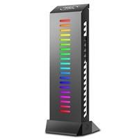 Various DeepCool GH-01 A-RGB Addressable RGB GPU Stand Bracket, vertical black GPU support with colorful RGB lighting display.