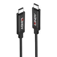Various LINDY 43308 5m Active USB 3.2 Gen 2 C/C Cable, data transfer rates up to 10Gbps - close-up of black USB Type-C to USB Type-C cable with LINDY branding.