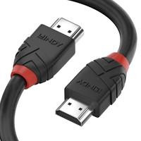 Various Lindy 36474 5m HDMI (M) 2.0 High Speed Black Line 4096x2160@60Hz Cable with Ethernet, close-up image of the black HDMI cable with red accents showing the connectors.