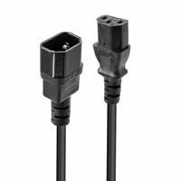 Various Lindy 30331 2m IEC C13 (Kettle) To IEC C14 (Kettle) Mains Extension Cable - Black, close-up of black power extension cable with IEC C13 and C14 connectors.