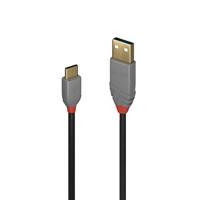 Various Lindy 36887 2m USB-A (M) to USB-C (M) 2.0 Anthra Line Cable, black high-speed data transfer cable for smartphones and devices.