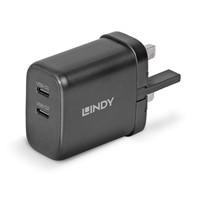 Various Lindy 65W USB 2 x Type C Charger, input UK plug, output 2 x USB Type C female ports, black color, compact electronic charging device for fast device charging.