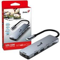 Various Genius USB Type-C 5-In-1 Hub Docking Station, sleek silver multi-port hub with USB-C, USB 3.0, USB A ports, HDMI port, and power delivery cable displayed beside its packaging.