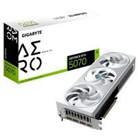 Various Gigabyte NVIDIA GeForce RTX 5070 AERO OC 12GB GDDR7 Graphics Card, white with triple fan cooling, RGB lighting, 6144 CUDA cores, 2625 MHz core clock, detailed view of the GPU.