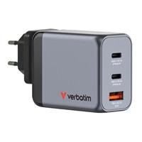 Various Verbatim GNC-65 GaN Charger 65W, showing a sleek USB-C and USB-A power adapter with multiple ports for fast charging.