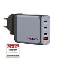 Various Verbatim GNC-100 GaN Charger 100W with multiple ports, black and gray design, featuring 2 USB-C PD ports, 1 USB-C PD 65W port, and 1 USB-A QC 3.0 port for fast charging.