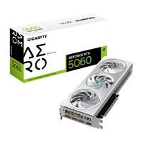 Various Gigabyte NVIDIA GeForce RTX 5060 Aero OC 8GB GDDR7 Graphics Card, image showing the graphics card with triple fan cooling and product packaging.