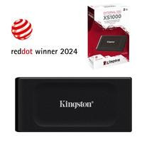 Various Kingston XS1000 (SXS1000/2000G) 2TB Portable External SSD, compact black storage device with Kingston logo, high-speed data transfer capabilities featuring Read 1050MB/s and Write 1000MB/s, USB 3.2 Gen 2 connectivity, 5-year warranty, alongside retail packaging and a Red Dot Award 2024 logo.