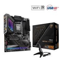 Various ASRock X870E TAICHI AMD AM5 Socket Motherboard, E-ATX mainboard with RGB lighting, multiple DDR5 RAM slots, four M.2 sockets, fitted I/O shield, 5GbE LAN, and Wi-Fi 7 connectivity.