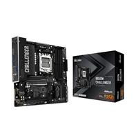 Various ASRock B850M Challenger AMD AM5 Socket Motherboard, Micro-ATX, features with 4 DDR5 memory slots, dual M.2 sockets, fitted I/O shield, 2.5GbE LAN, and HDMI port, shown with its packaging.