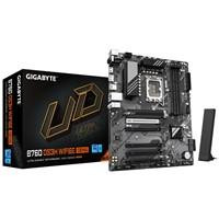 Various Gigabyte B760 DS3H WIFI6E GEN5 Intel 1700 Socket Motherboard, ATX size, with 4 DDR5 RAM slots, 2 M.2 storage sockets, GbE LAN port, and Wi-Fi 6E wireless connectivity, shown alongside its retail box.