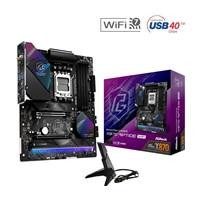Various ASRock X870 RIPTIDE WIFI AMD AM5 Socket Motherboard, ATX form factor with 4 DDR5 RAM slots, 3 M.2 SSD sockets, fitted I/O shield, 2.5GbE LAN port, and Wi-Fi 7 connectivity, shown with its retail box and accessories.