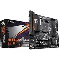 Various Gigabyte B550M AORUS ELITE Ultra Durable AMD AM4 Socket Motherboard, Micro-ATX, 4x DDR4 Slots, 2x M.2 Sockets, Fitted I/O Shield, GbE LAN, showing the motherboard next to its packaging.