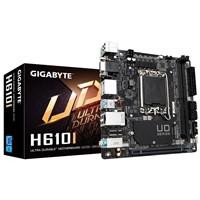 Various Gigabyte H610I Intel 1700 Socket Motherboard, Mini-ITX form factor with 2 DDR5 memory slots, 1 M.2 SSD slot, GbE LAN port, and multiple video output ports including D-Sub, DisplayPort, and HDMI.