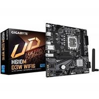 Various Gigabyte H610M D3W WIFI6 (Rev. 1.1) Intel 1700 Socket Motherboard, Micro-ATX, with DDR5 slots, M.2 socket, GbE LAN, and WiFi 6, shown alongside its packaging.