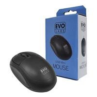Various Evo Labs MO-001 Wired USB Mini Plug and Play Mouse, compact black mouse with 3 buttons and scroll wheel, 800 DPI optical tracking, in blue packaging box.