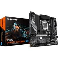 Various Gigabyte B760M GAMING X DDR4 GEN5 Intel 1700 Socket Motherboard, Micro-ATX, 4x DDR4 Slots, 2x M.2 Sockets, Fitted I/O Shield, 2.5GbE LAN, shown with packaging and installed components.