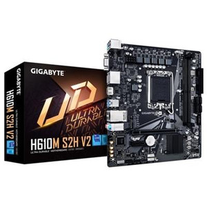 Various Gigabyte H610M S2H V2 Intel 1700 Socket Motherboard, Micro-ATX, 2x DDR5 Slots, 1x M.2 Socket, GbE LAN, with packaging, showing black circuit board with slots and connectors.