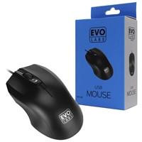 Various Evo Labs MO-128 Wired USB Plug and Play Mouse, matte black, ergonomic design with 3 buttons including a scroll wheel, 800 DPI optical tracking, and ambidextrous shape, shown next to its packaging.
