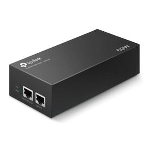 Various TP-Link TL-POE170S IEEE 802.3af/at/bt 60W PoE++ Injector, black rectangular network device with two Ethernet ports and indicator lights for PoE and PWR functions